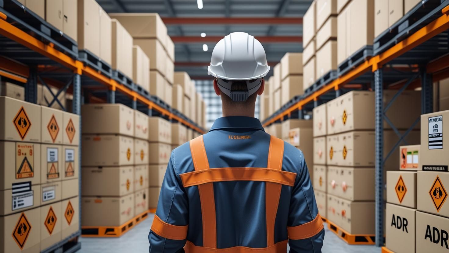 Technician in protective gear managing licensed precursor supply at an EU warehouse